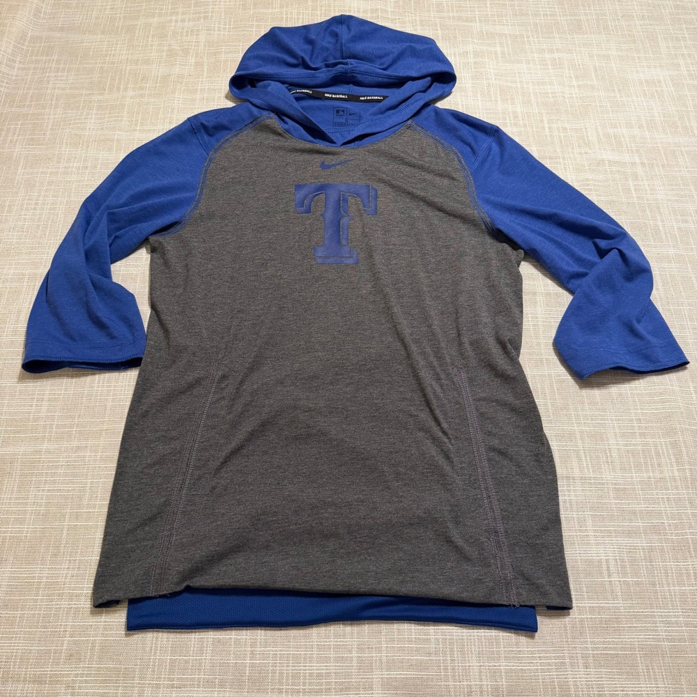 Nike Baseball Texas Rangers Mens Small Dri-FIT 3/4 Sleeve Hoodie Grey Blue MLB